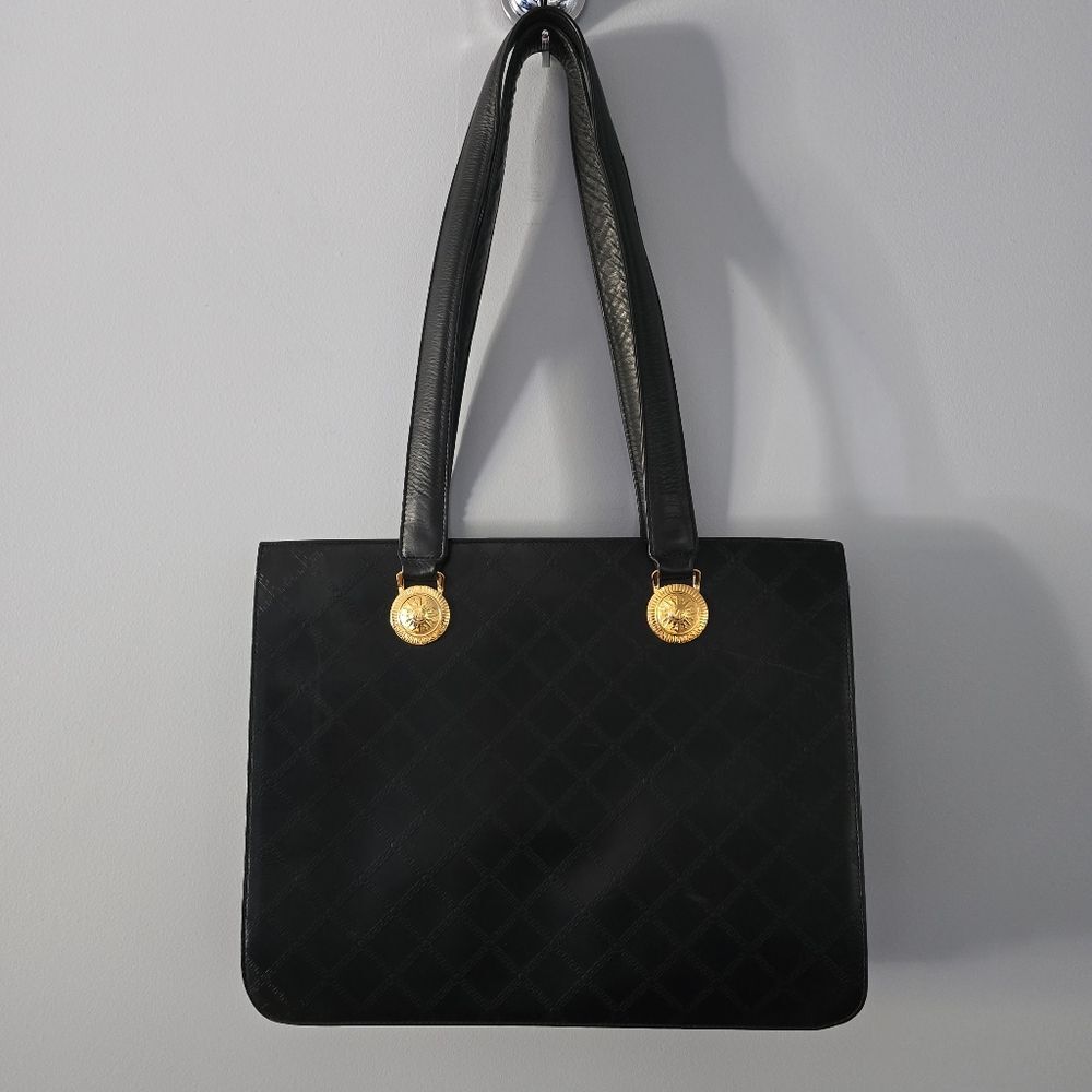 Gianni Versace Black Leather Sunburst Tasseled Tote Bag